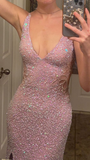 Lilac V Neck Straps Sequins Open Back Mermaid Long Party Dress HZ0319