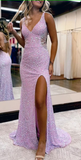 Lilac V Neck Straps Sequins Open Back Mermaid Long Party Dress HZ0319