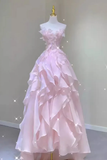 Pink Strapless A-Line Chiffon Long Party Dress Birthday Outfits HZ0319
