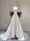 White Halter Open Back A-Line Satin Long Party Dress Birthday Outfits HZ0319
