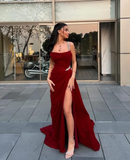 Wine Red Spaghetti Straps Sheath Long Evening Party Dress HZ0319