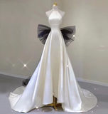 White Halter Open Back A-Line Satin Long Party Dress Birthday Outfits HZ0319