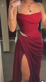 Wine Red Spaghetti Straps Sheath Long Evening Party Dress HZ0319