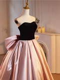 Black Velvet and Pink Satin Beautiful A-Line Strapless Party Dress Evening Gown HZ0319