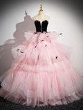 Pink Tulle and Black Velvet Strapless Party Gown Ruffles Formal Evening Dress HZ0319
