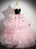 Pink Tulle and Black Velvet Strapless Party Gown Ruffles Formal Evening Dress HZ0319