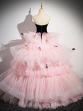 Pink Tulle and Black Velvet Strapless Party Gown Ruffles Formal Evening Dress HZ0319
