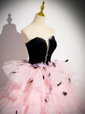 Pink Tulle and Black Velvet Strapless Party Gown Ruffles Formal Evening Dress HZ0319