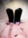 Pink Tulle and Black Velvet Strapless Party Gown Ruffles Formal Evening Dress HZ0319