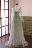 Light Green V Neck A-Line Tulle Formal Long Evening Dress HZ0319