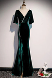 Dark Green Velvet Mermaid V-Neck Formal Dress Party Dress Long Evening Dress HZ0319