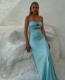 Blue Strapless A-Line Satin Long Party Dress Wedding Guest Dress HZ0319