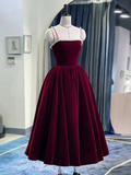 Simple burgundy tea length prom dress, burgundy homecoming dress HZ0319