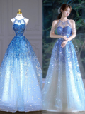 Blue Halter A-Line Tulle Sequins Long Party Dress Birthday Outfits HZ0319