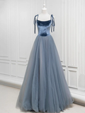 Gray Blue A-Line Velvet Tulle Long Prom Dress Evening Party Dress HZ0319