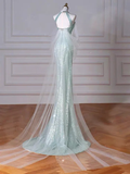 Mint Green Sequins Removable Sleeves Halter Long Prom Gown, Formal Dresses HZ0319