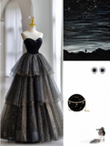 Shiny Black Sweetheart A-Line Tulle Long Formal Party Dress Evening Gown HZ0319