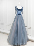 Gray Blue A-Line Velvet Tulle Long Prom Dress Evening Party Dress HZ0319