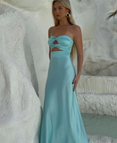 Blue Strapless A-Line Satin Long Party Dress Wedding Guest Dress HZ0319