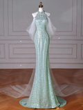 Mint Green Sequins Removable Sleeves Halter Long Prom Gown, Formal Dresses HZ0319