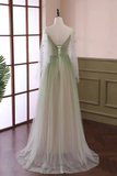 Light Green V Neck A-Line Tulle Formal Long Evening Dress HZ0319
