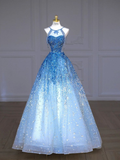 Blue Halter A-Line Tulle Sequins Long Party Dress Birthday Outfits HZ0319