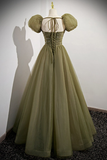 Green A-Line Tulle Long Modest Prom Dress with Removable Sleeves HZ0319
