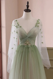 Light Green V Neck A-Line Tulle Formal Long Evening Dress HZ0319