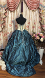 Retro Teal Sweetheart A-Line Satin Quinceanera Dress Birthday Ball Gown, HZ0319