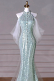 Mint Green Sequins Removable Sleeves Halter Long Prom Gown, Formal Dresses HZ0319