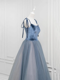Gray Blue A-Line Velvet Tulle Long Prom Dress Evening Party Dress HZ0319