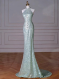 Mint Green Sequins Removable Sleeves Halter Long Prom Gown, Formal Dresses HZ0319