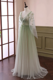 Light Green V Neck A-Line Tulle Formal Long Evening Dress HZ0319