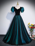 Unique Black Long Prom Dress Tulle A-Line Short Sleeve Evening Gown HZ0319