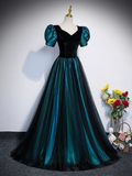 Unique Black Long Prom Dress Tulle A-Line Short Sleeve Evening Gown HZ0319