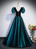 Unique Black Long Prom Dress Tulle A-Line Short Sleeve Evening Gown HZ0319