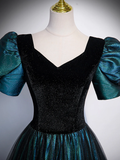 Unique Black Long Prom Dress Tulle A-Line Short Sleeve Evening Gown HZ0319