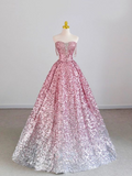 Pink Sweetheart Sequins A-Line Long Prom Dress Party Gown HZ0319