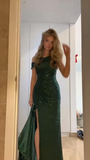 Green Off Shoulder Sheath Sequins Long Formal Party Dress HZ0319