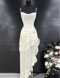 Elegant Ivory Spaghetti Straps Sheath Ruffles Vintage Long Party Dress HZ0319