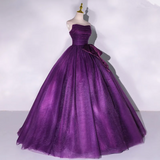 Purple Strapless A-Line Tulle Ball Gown Bowknot Formal Prom Dress HZ0319