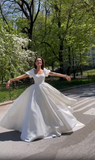 White A-Line Short Sleeves Satin Elegant Long Wedding Dress HZ0319