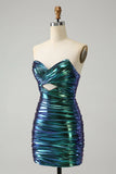 New Fashion Sparkly Teal Blue Ruched Design A-line Bodycon Strapless Short Homecoming Dress, HZ0319