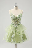 Vintage Mint Green Floral Embroidery Design A-line Spaghetti Strap Homecoming Dress, HZ0319