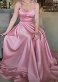 Pink Spaghetti Straps A-Line Satin Birdesmaid Dress Long Party Dress HZ0319