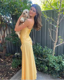 Spaghetti Straps Yellow Long Sheath Prom Dress With Slit HZ0319