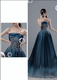 Navy Blue Strapless A-Line Beading Satin long Formal Party Dress HZ0319