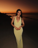 Light Yellow Halter Sheath Satin Long Party Dress Wedding Guest Dress, HZ0319