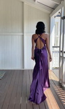 Elegant Purple V Neck Halter Sheath Satin Simple Long Prom Dress HZ0319