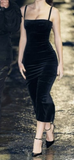 Elegant Black Spaghetti Straps Velvet Midi Length Formal Party Dress HZ0319